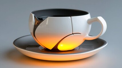 Poster - A futuristic cup and saucer that emits a soft orange light from underneath the base, with a modern design and a split surface