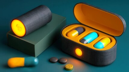 Poster - Open case with multi-colored rotating capsules (blue, yellow, orange) and a luminous indicator
