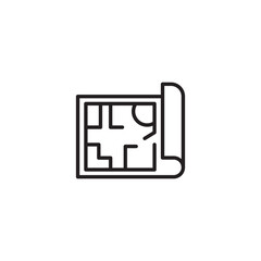Poster - A line art icon shows a rolled-up blueprint or floor plan, representing architecture, interior design, construction, or planning.