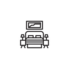 Poster - A line art icon of a bedroom scene with a bed, two nightstands with lamps, and a framed picture above the bed. It represents interior design or home furnishings.