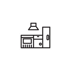 Poster - A simple line art icon depicts a kitchen counter with a sink, oven, and refrigerator, topped by a range hood, representing kitchen design.