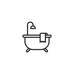 Poster - A line art icon shows a clawfoot bathtub with an attached showerhead and a towel draped over the side, representing a bathroom or bathing.