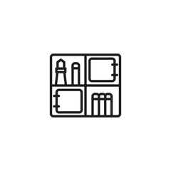 Poster - A minimalist line art icon of a modular storage unit or bookshelf with various compartments, some containing folded items and others with open doors.