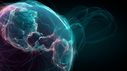 Poster - close up view of an abstract blue glowing planet Earth on a dark backgrond with shining lines.	