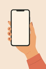 Poster - Female hand holding smartphone with blank screen, modern flat vector illustration. Mockup template for mobile app, social media, user interface, technology, communication, digital device concept