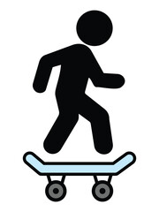 Poster - Skateboard icon with man. Simple black silhouette of a person riding a skateboard. Skate board icon, editable vector isolated on white background. Vector illustration.