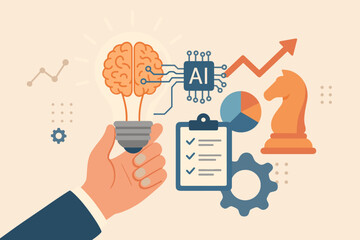 Poster - AI in business strategy concept. Hand holding light bulb with brain connected to AI chip for data analysis, planning and growth. Machine learning for innovative ideas and solutions.