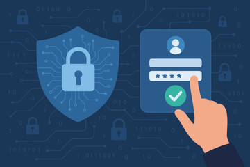 Poster - Cyber security concept with login authentication and password access. Hand on virtual screen verifying identity for data protection. Digital privacy with shield and padlock icon.