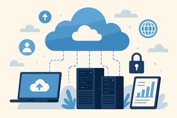 Poster - Cloud connection technology illustration. Data transfer and cloud computing concept. Business communication and server storage. Internet security and database protection. Global network.