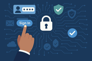 Poster - Cyber security and data protection concept. Hand using virtual screen for user authentication. Secure login with password verification. Digital padlock, shield, and network security.