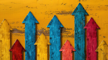 Poster - Colorful arrows representing growth and progress on textured yellow background evoke sense of optimism and success