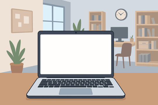 Modern home office workspace with laptop blank white screen on desk, computer monitor, bookshelves, plants, clock, flat vector illustration, remote work, digital workspace, interior design concept