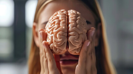 Poster - Image depicts person holding model of brain front of their face, symbolizing thoughts, intelligence, and cognitive processes. expression conveys