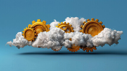 Poster - Innovative gears floating in clouds symbolize creativity and technology, merging elements of industry and imagination
