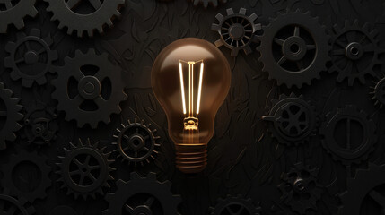 Poster - Glowing lightbulb surrounded by black gears symbolizes innovation and creativity in business. contrast highlights importance of ideas