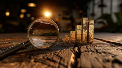 Poster - Magnifying glass over bar chart symbolizing business growth and analysis, reflecting optimism and potential in dynamic environment