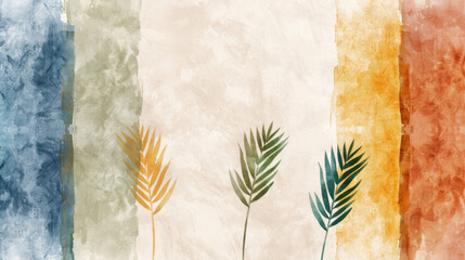 Poster - Serene watercolor background featuring abstract palm leaves in soft colors, evoking sense of calm and nature