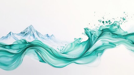 Poster - A modern abstract painting of snowy mountains flowing with rich malachite green waves, elegant textures and luxurious brushstrokes