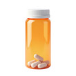 © Viacheslav - pill bottle with orange translucent body, white cap, and a few visible white capsules inside. 3d rendering isolated on white background. Cartoon plastic style icon