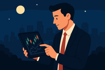 Poster - Businessman investor analyzes stock market data on tablet at night. Trader checking financial candlestick chart. Concept for crypto, forex trading, investment, and analysis.