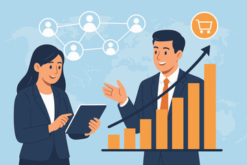 Poster - Business team analyzing global e-commerce growth with a tablet and statistics graph. Colleagues discuss market strategy with customer network icons and a growing sales chart.