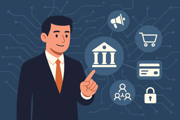 Poster - Businessman managing a digital business ecosystem. Fintech concept with icons for online banking, e-commerce, marketing, payment, and customer data security. Global network vector.