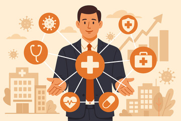 Poster - Healthcare business concept. Businessman presenting a medical services network and health insurance options. Hospital management, healthcare system growth and investment analysis.