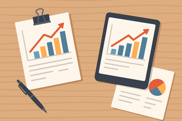 Poster - Business growth concept with financial report on a clipboard and tablet. Sales data analysis with a bar chart and upward arrow showing profit increase. Market statistics vector.