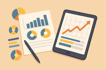 Poster - Financial analytics dashboard on a tablet and paper report with charts. Business growth and investment statistics. Marketing data visualization for profit and success. Flat vector illustration.