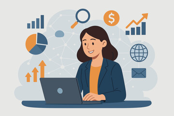 Poster - Businesswoman analyzing data on laptop for business growth. Digital marketing strategy, financial statistics, and global network concept. Investment research, technology, and success chart icons.