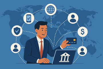 Poster - Digital banking and finance networking concept. Businessman with laptop and credit card on global business network. Online payment, fintech, secure transactions, e-commerce vector.