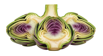 Poster - Cross section of three artichokes displaying vibrant purple and green hues
