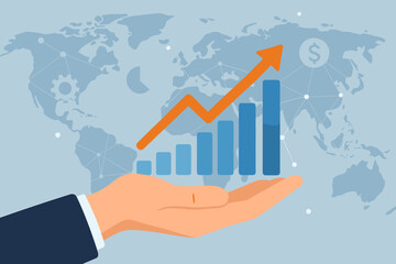 Poster - Businessman hand holding a growing graph. Global business strategy for financial growth and success. Digital marketing analysis, data research, and investment return concept vector.