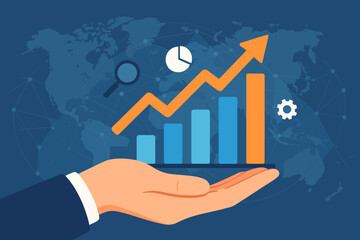 Poster - Businessman hand holding financial growth chart with arrow up. Global business strategy, data analysis, and digital marketing success concept. Investment and research vector background.