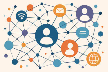 Poster - Modern flat vector illustration of digital social network, internet connectivity, communication, global networking, people avatars, online messaging, wireless technology, web connections concept