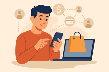 Poster - Smiling man using smartphone for mobile payments and online shopping with laptop, shopping bag, digital customer network, money, credit card icons. Modern flat vector illustration concept