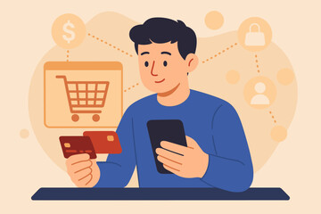 Poster - Online Shopping Payment Security Concept. Man Holding Credit Card and Smartphone for Mobile Payments. Secure Transaction, E-commerce, Digital Wallet, Customer Network, Modern Flat Vector Illustration