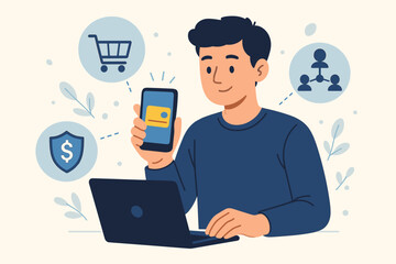 Poster - Man Using Mobile Payment for Secure Online Shopping with Laptop, Digital Wallet, E-commerce Cart, Money Shield, Customer Network Icons, Modern Flat Vector Illustration