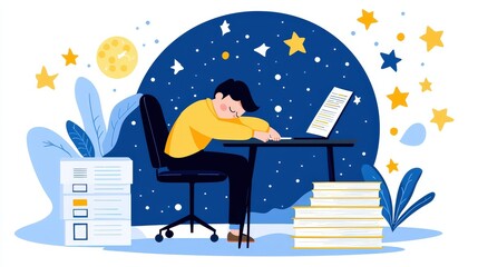 Poster - Employee falling asleep at desk late at night, stacks of unfinished files highlighting overwork