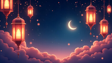 Wall Mural - eid-themed background with glowing lanterns and night sky.