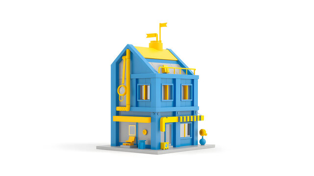 3d rendering toy-like of modern building. Consistence color is blue and yellow, and it is element of pet accessories. Background is plain white. .Generative AI