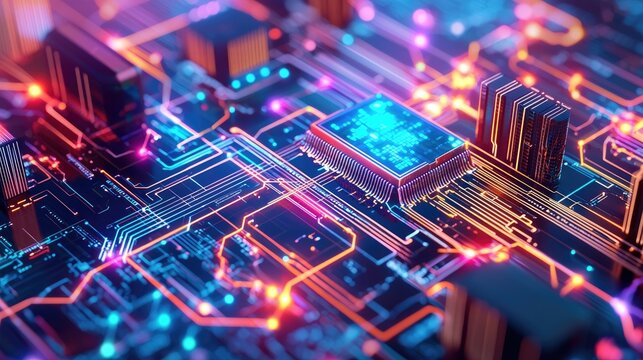 Detailed close-up view of a circuit board with glowing components.