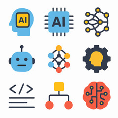 Poster - Artificial intelligence concept icons set featuring robot, brain, circuit, and coding