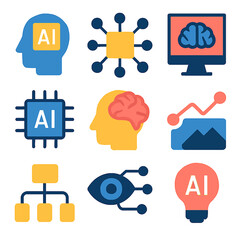 Poster - Artificial intelligence icons set with brain, circuit, eye, and lightbulb symbols