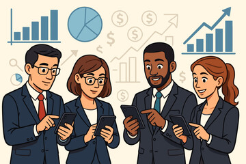 Poster - Diverse business team analyzing financial data and statistics on mobile phones. Colleagues in suits collaborate on investment strategy using charts, diagrams and graphs for growth.