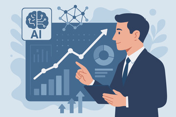Poster - Businessman using AI for market analysis and business growth strategy. Manager with tablet points at digital dashboard with charts. Financial data analytics. Flat vector illustration.