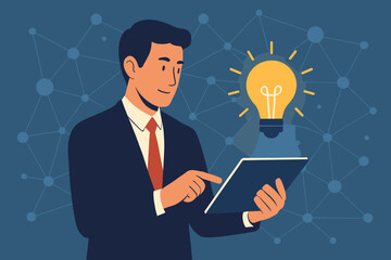Poster - Businessman holding a digital tablet with a glowing light bulb. Concept for innovation, ideas, creativity, and solutions. Network connectivity background for technology and science.