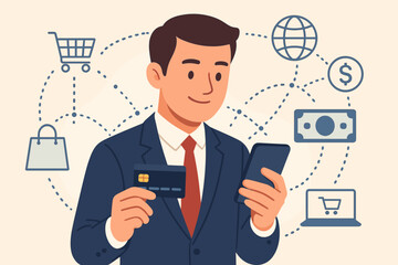 Poster - Businessman with mobile smartphone and credit card paying online. E-commerce, online shopping concept. Man using app for global network transaction, internet banking and digital marketing.