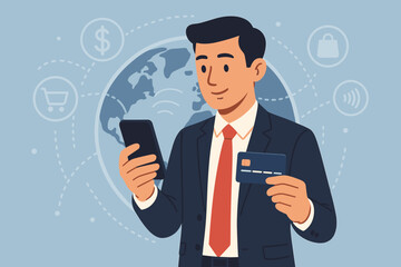 Poster - Online payment concept. Businessman with mobile phone and credit card making digital transaction. E-commerce, online banking, global shopping network and fintech vector illustration.