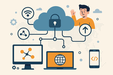 Poster - Cloud technology internet networking concept. Man with secure cloud computing for data storage, web development, and information transfer. Modern flat vector cartoon illustration.